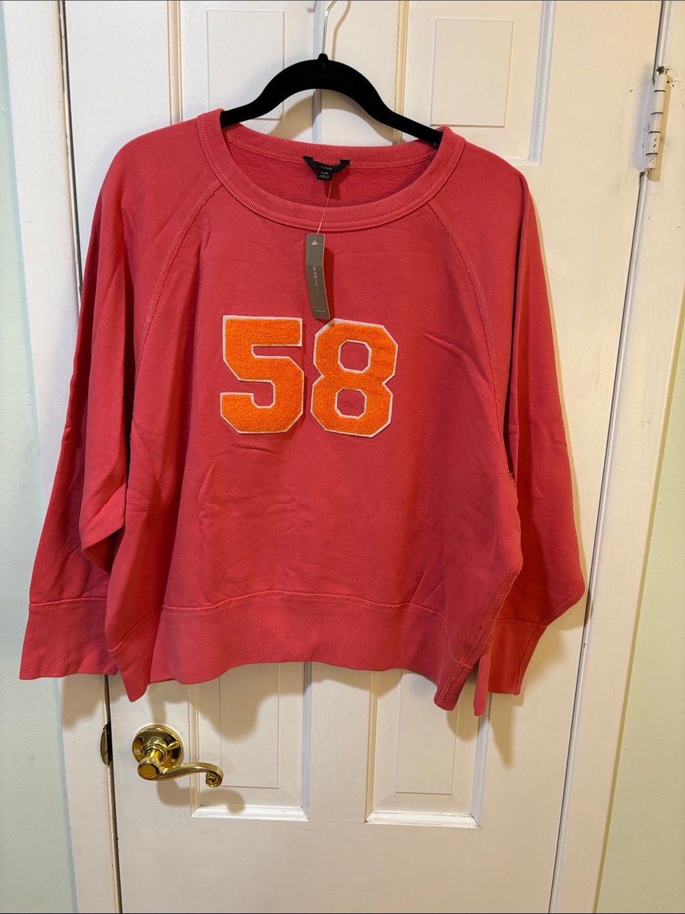 J. Crew Coral Crewneck Sweatshirt with Orange '58' Chenille Patch